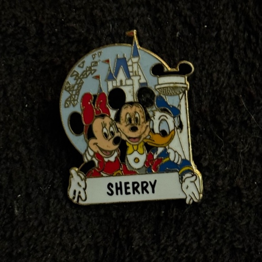 Vintage Disney Mickey, Minnie, & Donald Personalized “SHERRY” Enamel Pin